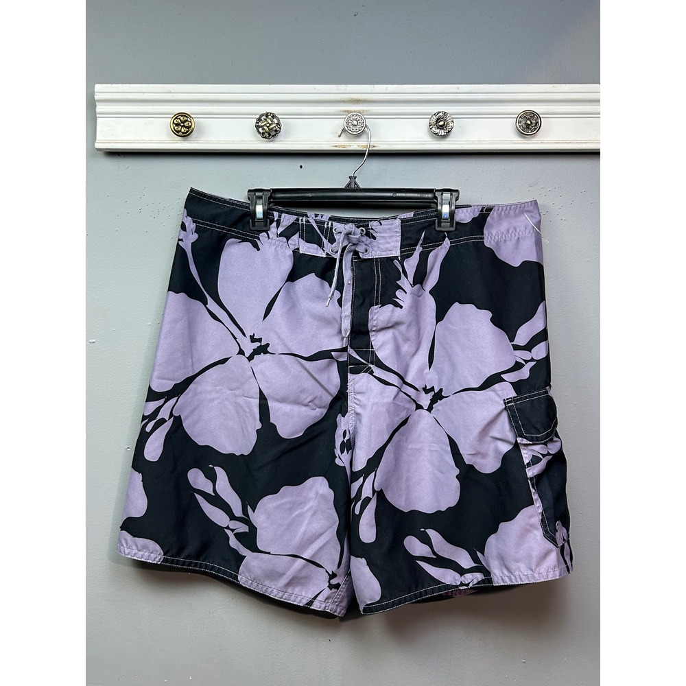 Joe Boxer Board Shorts Mens XL Black Purple Floral Hibiscus Surf Swim Trunks 9in